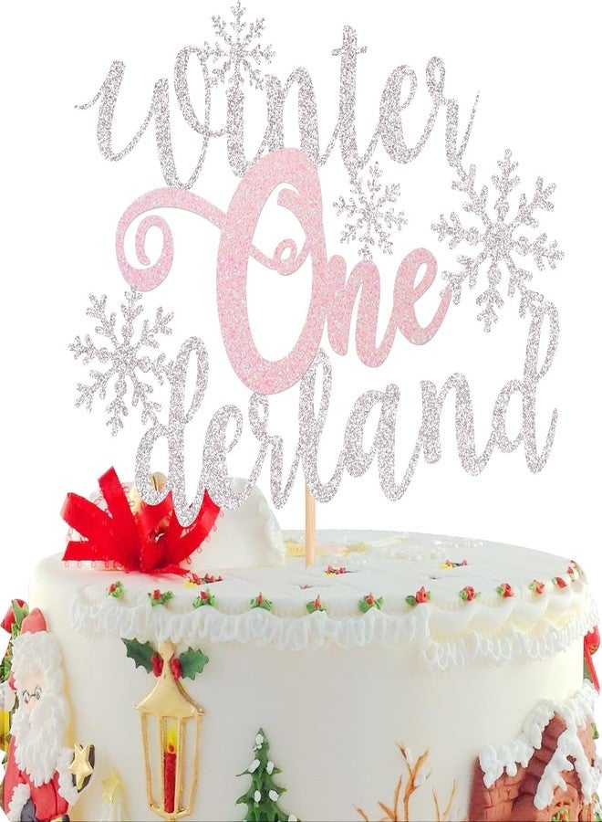 Confetti Sparkling Winter Onederland Snowflake Birthday Cake Topper - Glittery Silver and Blue Snowflake Theme Decorations for First Birthdays and Winter Celebrations (Pink) - Image 1